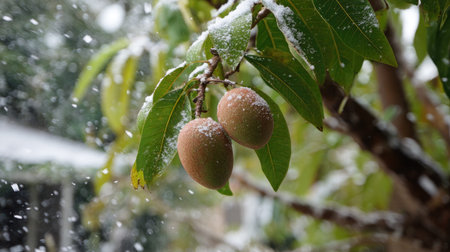 First snow falling gently on Mamey sapote, a few snowflakes drifting slowly and settling on the...