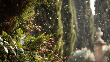 First snow falling gently on Italian cypress, a few snowflakes drifting slowly and settling on the leaves; fresh air.の写真素材