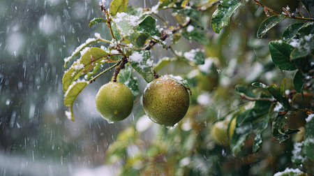 First snow falling gently on Passion fruit, a few snowflakes drifting slowly and settling on the leaves; fresh air.の写真素材