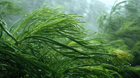 Agretti in a storm, heavy rain pouring down, strong winds twisting their leaves