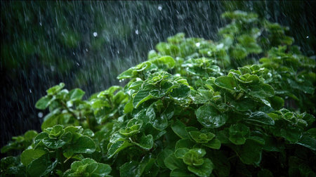 Ajwain in a storm, heavy rain pouring down, strong winds twisting their leaves