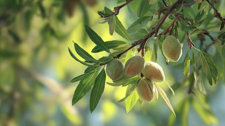 The Almond tree in spring, fresh green leaves, soft sunlight filtering, vibrant atmosphere full of vitality, natural textures, serene mood.の写真素材