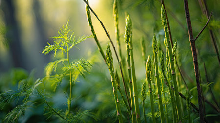 The Asparagus in spring, fresh green leaves, soft sunlight filtering, vibrant atmosphere full of vitality, natural textures, serene mood.の写真素材