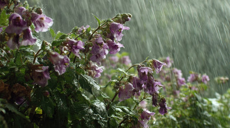 Angelonia in a storm, heavy rain pouring down, strong winds twisting their leavesの写真素材