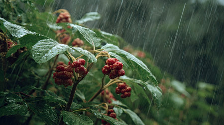Ginseng plants in a storm, heavy rain pouring down, strong winds twisting their leaves