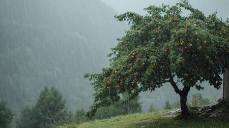 Apricot tree in a storm, heavy rain pouring down, strong winds twisting their leaves