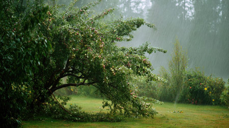 Apple tree in a storm, heavy rain pouring down, strong winds twisting their leavesの写真素材