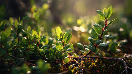 The Bilberry in spring, fresh green leaves, soft sunlight filtering, vibrant atmosphere full of vitality, natural textures, serene mood.の写真素材