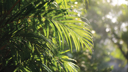 The Areca palm in spring, fresh green leaves, soft sunlight filtering, vibrant atmosphere full of...