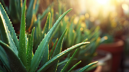 The Aloe vera in spring, fresh green leaves, soft sunlight filtering, vibrant atmosphere full of vitality, natural textures, serene mood.の写真素材