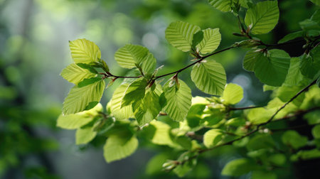 The American beech in spring, fresh green leaves, soft sunlight filtering, vibrant atmosphere full...