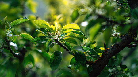 The Apple tree in spring, fresh green leaves, soft sunlight filtering, vibrant atmosphere full of...