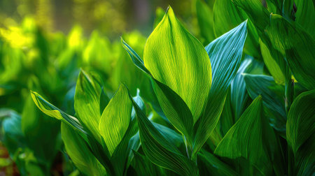 The Canna lily in spring, fresh green leaves, soft sunlight filtering, vibrant atmosphere full of vitality, natural textures, serene mood.の写真素材