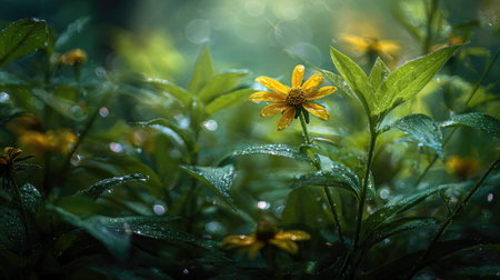 The Black eyed Susan in spring, fresh green leaves, soft sunlight filtering, vibrant atmosphere full...