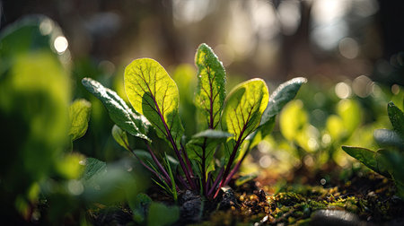 The Beetroot in spring, fresh green leaves, soft sunlight filtering, vibrant atmosphere full of vitality, natural textures, serene mood.の写真素材