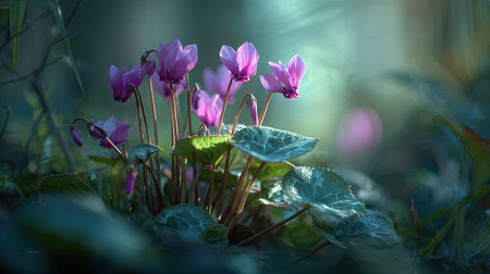 The Cyclamen in spring, fresh green leaves, soft sunlight filtering, vibrant atmosphere full of vitality, natural textures, serene mood.の写真素材