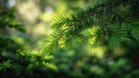 The Eastern hemlock in spring, fresh green leaves, soft sunlight filtering, vibrant atmosphere full...