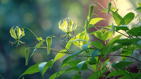 The Gloriosa lily in spring, fresh green leaves, soft sunlight filtering, vibrant atmosphere full of vitality, natural textures, serene mood.の写真素材