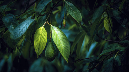 The Avocado in spring, fresh green leaves, soft sunlight filtering, vibrant atmosphere full of...