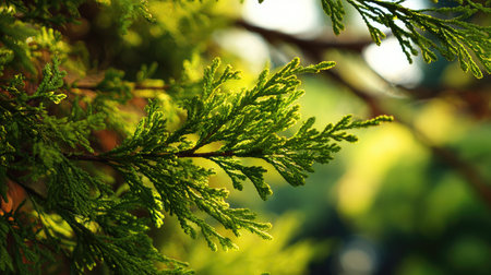 The Cypress in spring, fresh green leaves, soft sunlight filtering, vibrant atmosphere full of vitality, natural textures, serene mood.の写真素材
