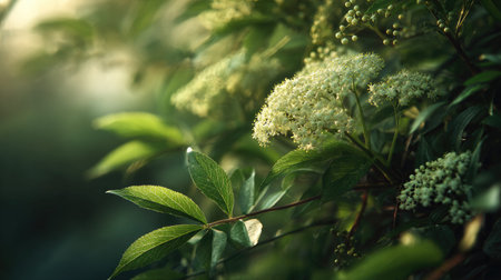 The Elderberry in spring, fresh green leaves, soft sunlight filtering, vibrant atmosphere full of...