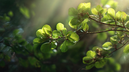 In spring, fresh green leaves, soft sunlight filtering, vibrant atmosphere full of vitality, natural...