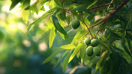 The Breadnut tree in spring, fresh green leaves, soft sunlight filtering, vibrant atmosphere full of...