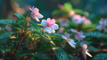 The Impatiens in spring, fresh green leaves, soft sunlight filtering, vibrant atmosphere full of vitality, natural textures, serene mood.の写真素材