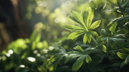 The Delphinium in spring, fresh green leaves, soft sunlight filtering, vibrant atmosphere full of vitality, natural textures, serene mood.の写真素材