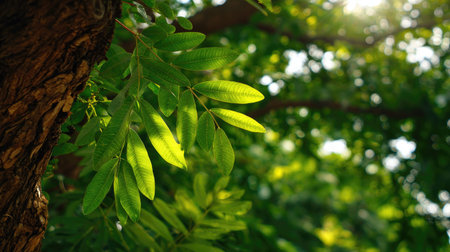 The Indian rosewood in spring, fresh green leaves, soft sunlight filtering, vibrant atmosphere full...
