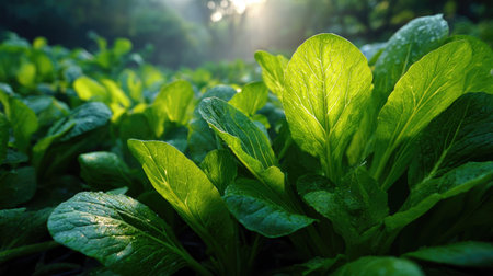 The Choy sum in spring, fresh green leaves, soft sunlight filtering, vibrant atmosphere full of vitality, natural textures, serene mood.の写真素材