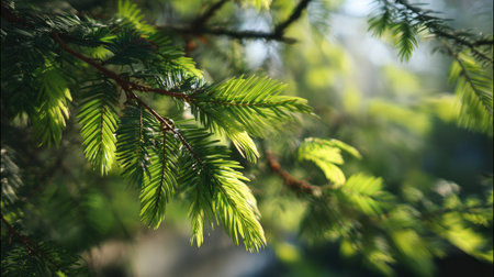 The Hemlock in spring, fresh green leaves, soft sunlight filtering, vibrant atmosphere full of...