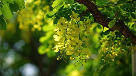 The Golden shower tree in spring, fresh green leaves, soft sunlight filtering, vibrant atmosphere full of vitality, natural textures, serene mood.の写真素材