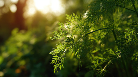 The Dill in spring, fresh green leaves, soft sunlight filtering, vibrant atmosphere full of...