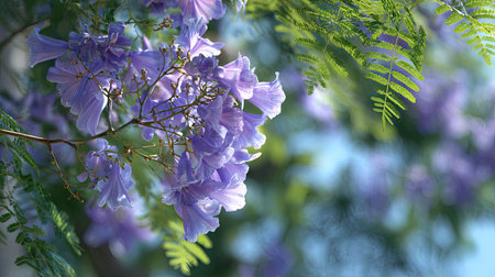 The Jacaranda in spring, fresh green leaves, soft sunlight filtering, vibrant atmosphere full of...