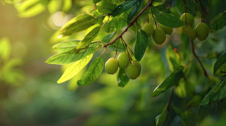 The Hog plum in spring, fresh green leaves, soft sunlight filtering, vibrant atmosphere full of vitality, natural textures, serene mood.の写真素材