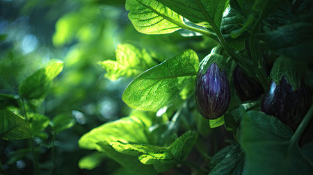 The Eggplant in spring, fresh green leaves, soft sunlight filtering, vibrant atmosphere full of vitality, natural textures, serene mood.の写真素材