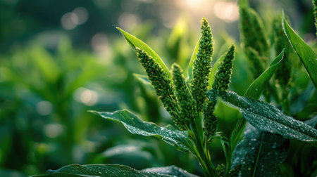 The Finger millet in spring, fresh green leaves, soft sunlight filtering, vibrant atmosphere full of vitality, natural textures, serene mood.の写真素材
