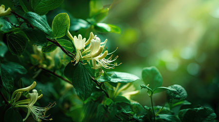 The Honeysuckle in spring, fresh green leaves, soft sunlight filtering, vibrant atmosphere full of vitality, natural textures, serene mood.の写真素材