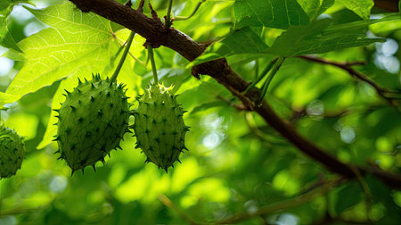 The Horned melon in spring, fresh green leaves, soft sunlight filtering, vibrant atmosphere full of vitality, natural textures, serene mood.の写真素材