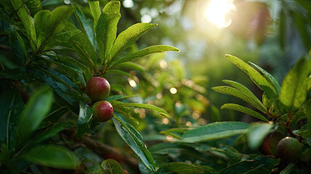 The Mangosteen in spring, fresh green leaves, soft sunlight filtering, vibrant atmosphere full of...
