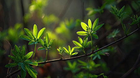 Fresh green leaves, soft sunlight filtering, vibrant atmosphere full of vitality, natural textures, serene mood.の写真素材