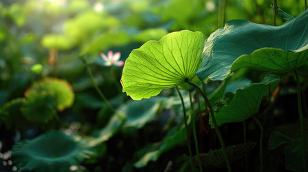 The Lotus in spring, fresh green leaves, soft sunlight filtering, vibrant atmosphere full of vitality, natural textures, serene mood.の写真素材