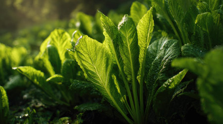 The Horseradish in spring, fresh green leaves, soft sunlight filtering, vibrant atmosphere full of...