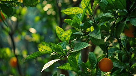 The Orange peel in spring, fresh green leaves, soft sunlight filtering, vibrant atmosphere full of vitality, natural textures, serene mood.の写真素材