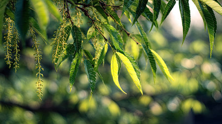 The Neem in spring, fresh green leaves, soft sunlight filtering, vibrant atmosphere full of...