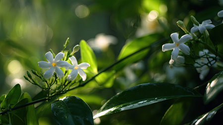 The Stephanotis in spring, fresh green leaves, soft sunlight filtering, vibrant atmosphere full of...