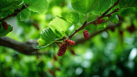 The Mulberry red in spring, fresh green leaves, soft sunlight filtering, vibrant atmosphere full of...