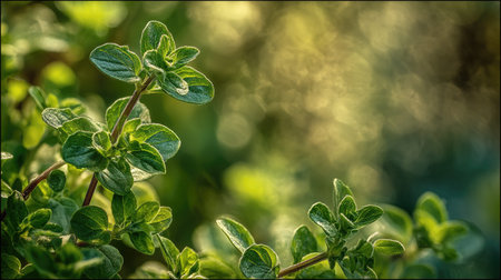 The Oregano in spring, fresh green leaves, soft sunlight filtering, vibrant atmosphere full of...