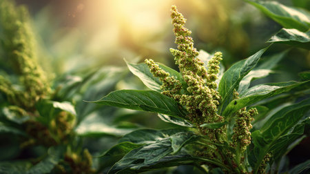 The Quinoa in spring, fresh green leaves, soft sunlight filtering, vibrant atmosphere full of vitality, natural textures, serene mood.の写真素材